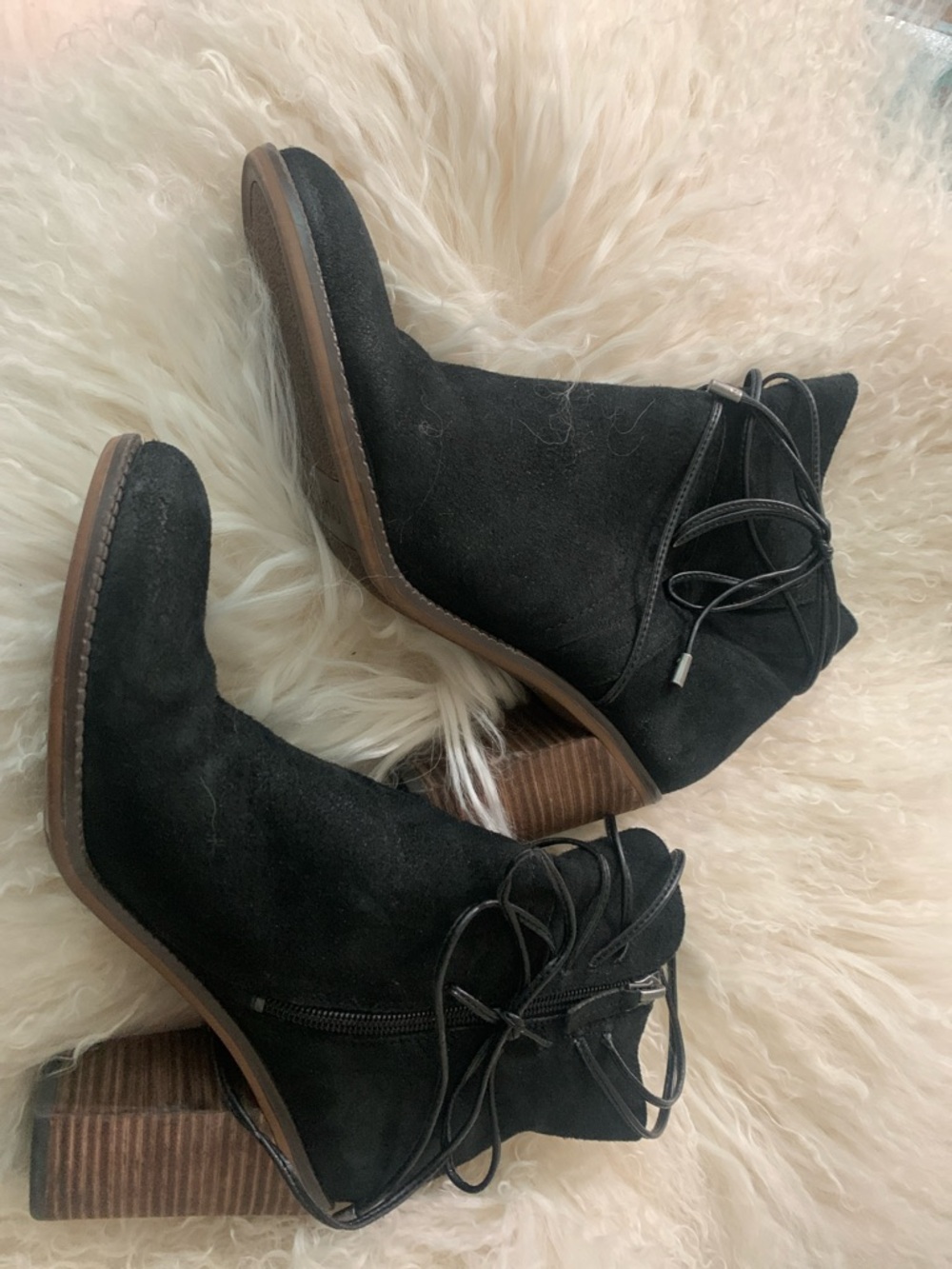 Franco Sarto Black Suede Lace-Up Ankle Booties with Stacked Heel